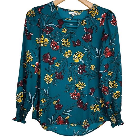 Maurices Lattice Neck Long Sleeve Floral Blouse Womens Small - Picture 1 of 7